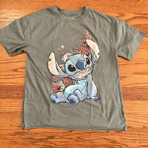 Disney Stitch Floral Graphic T-Shirt Women's XS Green Stitch Tee‎ Free Shipping